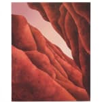 Painting titled “Titan Dunes” (2024) by Silvia Giordani. The artwork depicts an abstract desertscape with undulating dunes in rich red and earthy tones, evoking a sense of timelessness and stillness. Acrylic and oil on canvas. © Buysse Gallery.