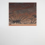 Painting titled “Spiderland” (2023) by Silvia Giordani. The artwork depicts a network of organic forms resembling roots or geological patterns in earthy tones, creating a textured and immersive abstract landscape. Acrylic and oil on canvas. © Buysse Gallery.