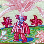 detail of embroidery showing need man with plant seeming to grow from his head