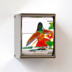 Juan Fontanive Ornithology J, 2018, four-color screen print on Bristol paper, stainless steel, motor and electronics, 5.25 x 4.25 x 4 inches