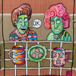 embroidery showing man and woman with green faces looking at two mugs and a plate of food
