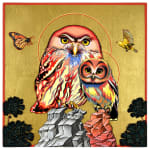 two owls on gold background