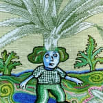 detail of embroidery showing green woman with plant seeming to grow from her head
