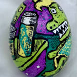 Pysanky egg showing dinosaur looking at hair spray in a barber shop