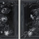 black and white painting of fruits and flowers