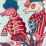 detail ofembroidery primarily red and blue, depicting a family of seahorses -- parents