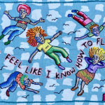 embroidery showing people floating and flying in air