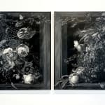 black and white painting of fruits and flowers