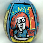 dyed egg showing woman at table hearing door slam