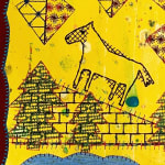 Detail of primarily yellow and orange work with line drawings of horses, trees and abstract forms
