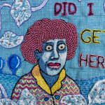 embroidery showing woman with red hair asking "what am I doing and how did I get here"