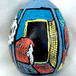 dyed egg showing woman looking out empty doorway