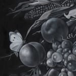 detail of black and white painting of fruits and flowers