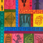 Textile made up of multiple panes with abstract people, creatures and forms