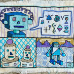 embroidery showing three panels with robots