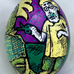 Pysanky egg showing dinosaur in a barber shop