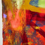 detail of abstract image in bright orange, green and tan