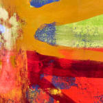 detail of abstract image in bright orange, green and tan