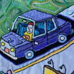close up of emboridery in greens and blues, showing a car driven by a man in a yellow shirt