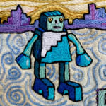 detail of embroidery showing standing robot