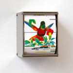 Juan Fontanive Ornithology J, 2018 four-color screen print on Bristol paper, stainless steel, motor and electronics 5.25 x 4.25 x 4 inches (FONT 1)