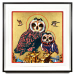 two owls with halos on gold background