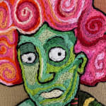 detail of embroidery showing woman with green face and pink hair