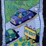 emboridery in greens and blues, showing two cars on a road with a No Exit sign