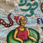 embroidery of woman in an inner tube surrounded by octopi tentacles and giant koi