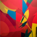 Detail photo of " Grab Our Things And Go" painting by Neill Wright artist from Johannesburg, South Africa. Available at Carousel Fine Art Miami. The artist's technique involves superimposing flora patterns via stencil and portraying them in acrylic and spray paint on canvas. Colors this work hues of : Blue, Green, Red, Orange, Pink, Yellow, Brown