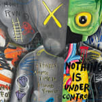 Detail photo of “Two Tone Kaws”, mixed media work by Jisbar artist from France, based in Portugal. Available at Carousel Fine Art Chicago. The artist’s hyper-saturated works blend Pop art with cultural references from fashion, music, and street art. He is known for his colorful, cryptic reinterpretations of iconic art history figures in mixed media on canvas. Colors of this work : Blue, Green, Red, Pink, Yellow, Purple, Black, Orange, Grey, White
