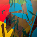 Detail photo of " Grab Our Things And Go" painting by Neill Wright artist from Johannesburg, South Africa. Available at Carousel Fine Art Miami. The artist's technique involves superimposing flora patterns via stencil and portraying them in acrylic and spray paint on canvas. Colors this work hues of : Blue, Green, Red, Orange, Pink, Yellow, Brown