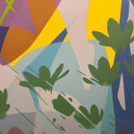 Detail photo of " Inside Out" painting by Neill Wright artist from Johannesburg, South Africa. Available at Carousel Fine Art Miami. The artist's technique involves superimposing flora patterns via stencil and portraying them in acrylic and spray paint on canvas. Colors this work hues of : Blues, Green, Red, Orange, Pink, Yellow, Purple, Grey