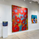 “Rojo y Azul”, painting by Jorge Luis Santos artist from Cuba, based in Miami. Available at Carousel Fine Art Atlanta. The artist's technique is known for visceral and monumental creations. Santos masterfully uses acrylic on canvas to explore themes of individuality, emotion, and the abstract nature of existence. Whether using unconventional tools like a brush on a pole, a shoe sole, or a mop, his work always maintains intentionality and depth. Colors of this work : Yellow, Red, Blue, Orange, Pink, Green, Black