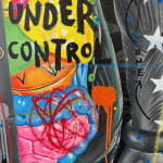 Detail photo of “Two Tone Kaws”, mixed media work by Jisbar artist from France, based in Portugal. Available at Carousel Fine Art Chicago. The artist’s hyper-saturated works blend Pop art with cultural references from fashion, music, and street art. He is known for his colorful, cryptic reinterpretations of iconic art history figures in mixed media on canvas. Colors of this work : Blue, Green, Red, Pink, Yellow, Purple, Black, Orange, Grey, White