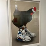 “Chicken at the Top Reebok (Black)”, mixed media work on recycled card stock by BYC artist, from Switzerland. Available at Carousel Fine Art Atlanta