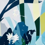 Detail photo of " Waiting For Spring" painting by Neill Wright artist from Johannesburg, South Africa. Available at Carousel Fine Art Miami. The artist's technique involves superimposing flora patterns via stencil and portraying them in acrylic and spray paint on canvas. Colors this work hues of : Blue, Green, Yellow, Grey, White