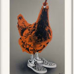 “Chicken at the Top Vans (Orange)”, mixed media work on recycled card stock by BYC artist, from Switzerland. Available at Carousel Fine Art Atlanta.
