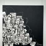 “Into Space”, Diptych painting by Flore artist from Brooklyn, based between Florida and NY. Available at Carousel Fine Art Chicago. The artist's technique combines acrylic on canvas with a blend of pop and street art. Layered words and hidden meanings reveal society's complexities, while the vibrant colors invite viewers to explore and interpret the unfolding story. Colors of this work : Black, White