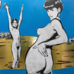“Les Baigneuses et l’Aviron”, mixed media work on recycled card stock by BYC artist, from Switzerland. Available at Carousel Fine Art Miami.