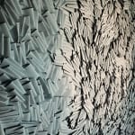 "Green Silence of the Soul" fusion of textile art and mixed media artwork by Rodrigo Franzao, a Brazilian artist currently based in the United States. Available at Carousel Fine Art.