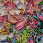 Detail photo of "Rose Cherry” painting by Eric Alfaro artist from Cuba, based in the United States. Available at Carousel Fine Art Miami. The artist’s technique transforms acrylic paint with his spatula into unforgettable imagery. His impasto texture captivates, while his use of color and contrast adds striking depth. Colors of this work : Blue, Green, Magenta, Pink, Yellow, Orange, Black, White