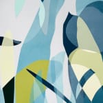 Detail photo of " Waiting For Spring" painting by Neill Wright artist from Johannesburg, South Africa. Available at Carousel Fine Art Miami. The artist's technique involves superimposing flora patterns via stencil and portraying them in acrylic and spray paint on canvas. Colors this work hues of : Blue, Green, Yellow, Grey, White