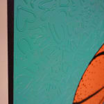 Detail photo of “El Balón”, painting by Cayla Birk artist from South Florida. Available at Carousel Fine Art Chicago. The artist’s technique blends traditional acrylic paints with unique materials, creating a distinct mixed media style. Birk's work is marked by intricate designs and recognizable gestures, combining contemporary culture, history, music, and literature. Her art challenges conventional thinking, offering new and unexpected experiences. Colors of this work : Teal, Orange, Beige, Black