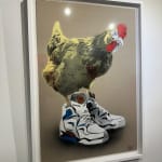 “Chicken at the Top Reebok (Yellow)”, mixed media work on recycled card stock by BYC artist, from Switzerland. Available at Carousel Fine Art Atlanta