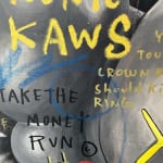 Detail photo of “Two Tone Kaws”, mixed media work by Jisbar artist from France, based in Portugal. Available at Carousel Fine Art Chicago. The artist’s hyper-saturated works blend Pop art with cultural references from fashion, music, and street art. He is known for his colorful, cryptic reinterpretations of iconic art history figures in mixed media on canvas. Colors of this work : Blue, Green, Red, Pink, Yellow, Purple, Black, Orange, Grey, White