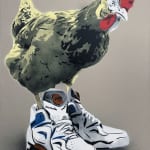 “Chicken at the Top Reebok (Yellow)”, mixed media work on recycled card stock by BYC artist, from Switzerland. Available at Carousel Fine Art Atlanta