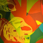 Detail photo of " Grab Our Things And Go" painting by Neill Wright artist from Johannesburg, South Africa. Available at Carousel Fine Art Miami. The artist's technique involves superimposing flora patterns via stencil and portraying them in acrylic and spray paint on canvas. Colors this work hues of : Blue, Green, Red, Orange, Pink, Yellow, Brown