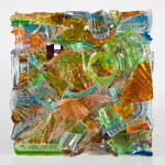 “I Have A Little Crush”, sculpture by Sandra Sashou. Sculpture is made from reassembled broken pieces of glass that are Art Deco Vanity Sets. The multicolor glass appears almost as sea glass with vibrant colors of green, lime green, turquoise, orange, cerulean and light rosy pink. Available at Carousel Fine Art Miami.