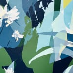 Detail photo of " Waiting For Spring" painting by Neill Wright artist from Johannesburg, South Africa. Available at Carousel Fine Art Miami. The artist's technique involves superimposing flora patterns via stencil and portraying them in acrylic and spray paint on canvas. Colors this work hues of : Blue, Green, Yellow, Grey, White